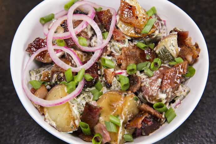 Hot and Smokey Candied Bacon Potato Salad