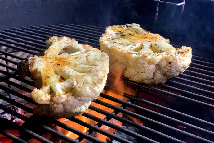 Gordon Ramsay’s Cauliflower Steaks with Olive & Mushrooms on the grill